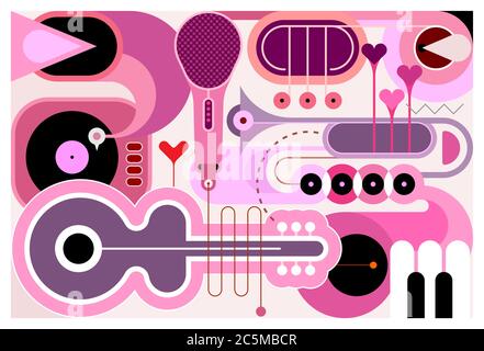 Abstract music background. Flat design of different musical instruments, vector illustration. Acoustic guitar, saxophone, piano keys, trumpets, microp Stock Vector