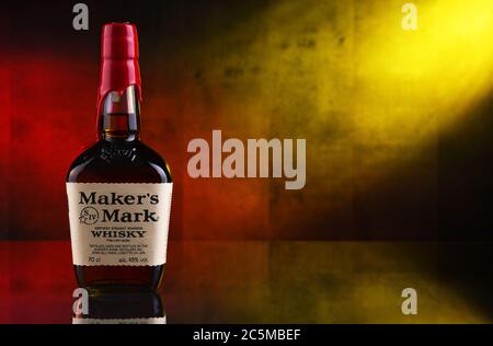 POZNAN, POL - JAN 29, 2020: Bottle of Maker's Mark, a small-batch bourbon whiskey produced in Loretto, Kentucky, by Beam Suntory Stock Photo