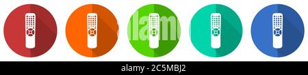 Tv remote control icon set, television, red, blue, green and orange flat design web buttons isolated on white background, vector illustration Stock Vector