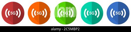 5G internet wireless communication, network icon set, red, blue, green and orange flat design web buttons isolated on white background, vector illustr Stock Vector