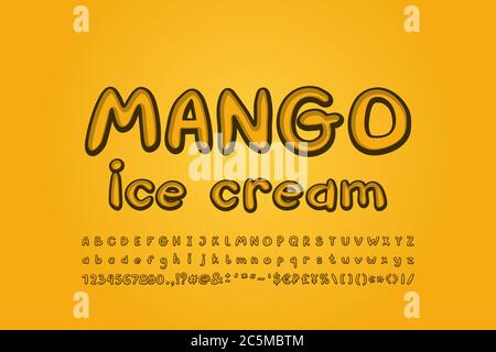 Mango ice cream color alphabet handwritten font. Stylized retro style for food design. Uppercase and lowercase letters, numbers, symbols. Vector illus Stock Vector