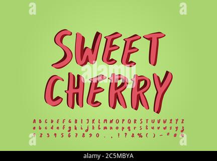 Original modern alphabet red cherry color, paintbrush font. Uppercase and lowercase letters, numbers. Vector illustration. Stock Vector