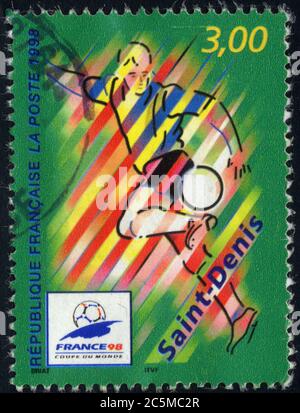 Timbre oblitéré France 98. Coupe du monde. République Française. La Poste. 1998. 3,00. Saint Denis Stock Photo
