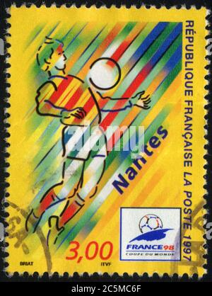 Timbre oblitéré France 98. Coupe du monde. Nantes. République Française. La Poste. 1997.3,00 Stock Photo