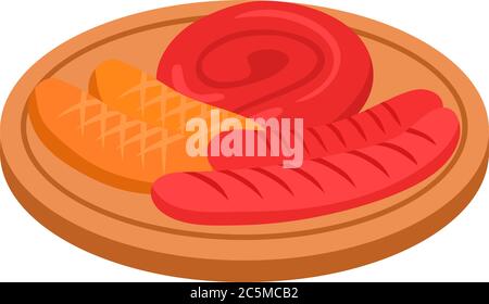 Grilled sausages with sauce on the wood board. Vector illustration. Stock Vector