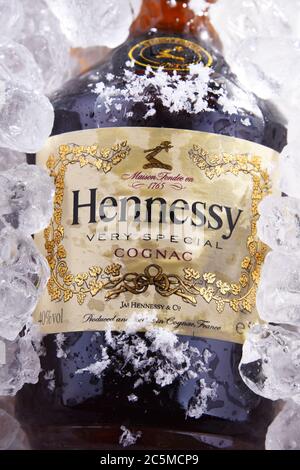 POZNAN, POL - MAY 28, 2020: Bottle of Hennessy, a brand of famous cognac from Cognac, France Stock Photo