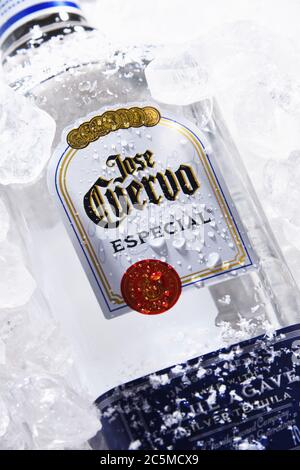 POZNAN, POL - MAY 28, 2020: Bottle of Jose Cuervo, a brand of the best-selling tequila in the world, with a 35.1% market share of the tequila sector w Stock Photo