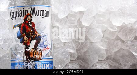 POZNAN, POL - MAY 28, 2020: Bottle of Captain Morgan, a brand of rum originated on US Virgin Islands and now produced by Diageo, British alcoholic bev Stock Photo