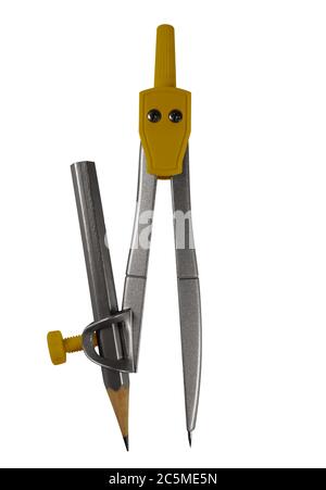 Yellow drawing compass isolated on white background with clipping path. Stock Photo