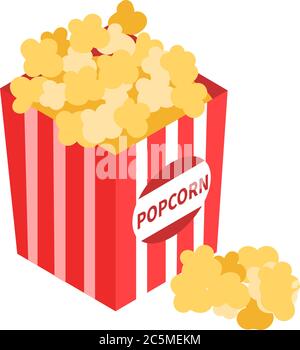 Striped box container with delicious popcorn in 3d illustration on white background. Stock Vector
