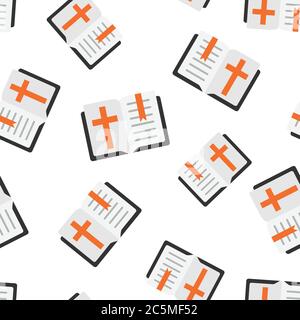 Bible book icon in flat style. Church faith vector illustration on white isolated background. Spirituality seamless pattern business concept. Stock Vector