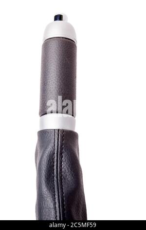 Close-up of a handbrake handle covered in black leather with chrome elements on a white isolated background in a photo studio for sale in a car servic Stock Photo