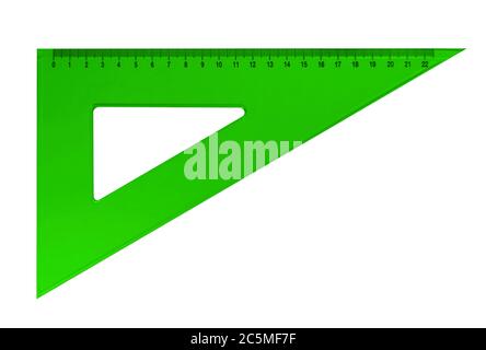 Green plastic triangular ruler isolated on white background. Clipping Path included. Stock Photo