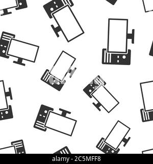 Pc computer icon in flat style. Desktop vector illustration on white isolated background. Device monitor seamless pattern business concept. Stock Vector