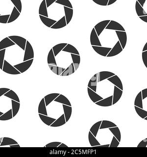 Camera diaphragm icon in flat style. Lens sign vector illustration on white isolated background. Photo snapshot seamless pattern business concept. Stock Vector