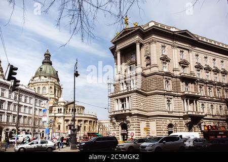 BUDAPEST, HUNGARY - MARCH 2018: Cityscape on the central streets near Saint Stephen Basilica in Budapest, Hungary Stock Photo