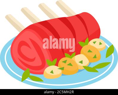 Vector illustration of roasted meat isolated. With potatoes and greens on plate. Stock Vector