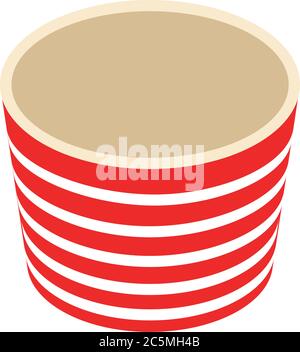 An empty red-and-white striped bucket of popcorn isolated on the white background. Vector illustration. Cardboard or paper bucket. Cinema snack and Stock Vector