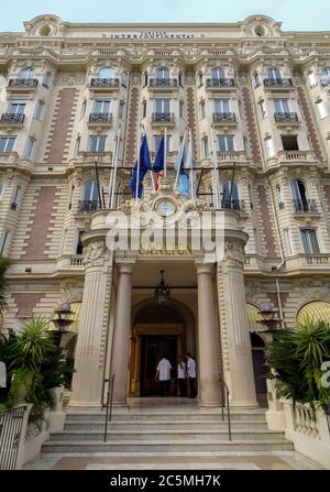 Cannes, France - July 3, 2018: Front entrance view of the famous Carlton International Hotel located on the Croisette boulevard in Cannes, France Stock Photo