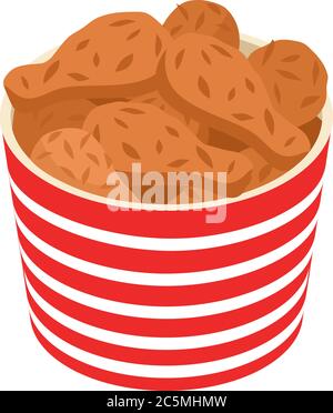 Fried chicken in white-red bucket. Vector image isolated on white background. Stock Vector