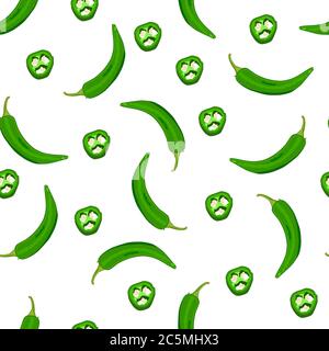 Chili peppers seamless pattern. Texture with small green hot jalapeno on white background. Cartoon paprika for eco food backdrop, wallpapers, packagin Stock Vector