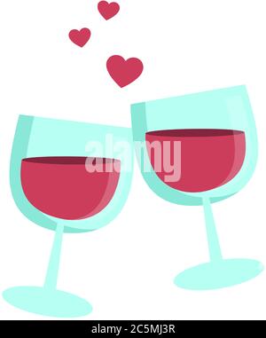 Set transparent glasses with red wine and heart. Vector.  Stock Vector