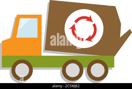 Vector flat illustration urban garbage truck, garbage collection, green car. Stock Vector