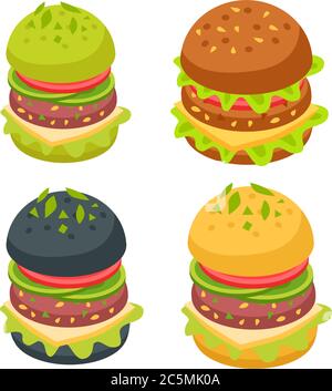 Set of hamburgers. Simple hamburger, double with tomato, black hamburger. Vector image. Stock Vector