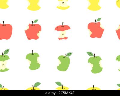 Apple core. Bitten apple. Positive summer print. Modern vector seamless pattern in flat cartoon style. Endless texture with red, yellow, green apples Stock Vector