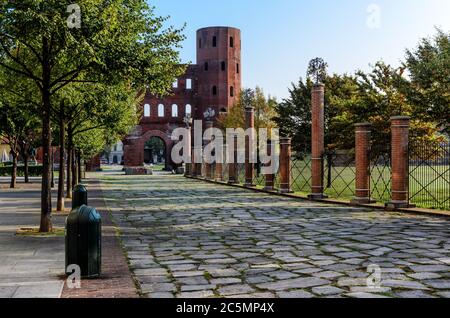 Remains of the Palatina Gate, ancient entrance of Turin (Italy). The Palatina Gate was build during roman age in the first century BC Stock Photo