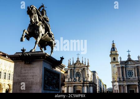 Piazza San Carlo, one of the main squares of Turin (Italy) with its twin churches and the equestrian monument of king Emanuele Filiberto Stock Photo