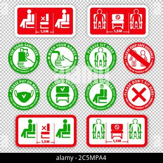 Warning signs on transparent background.. Keep distance between people. Do not sit here. Keep safe distance. Wash your hands Stock Vector