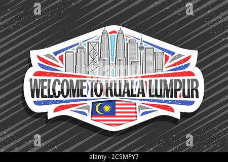 Vector logo for Kuala Lumpur, white badge with outline illustration of modern kuala lumpur city scape on day sky background, fridge magnet with unique Stock Vector