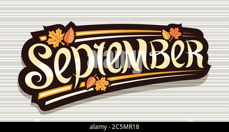 Vector banner for September, black logo with curly calligraphic font, autumn leaves and decorative stripes, greeting card with unique brush lettering Stock Vector