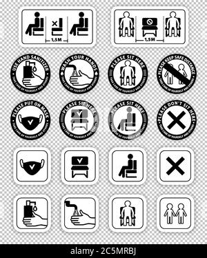 Warning signs on transparent background.. Keep distance between people. Do not sit here. Keep safe distance. Wash your hands Stock Vector