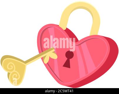 The top view shot of red heart padlock and key on white background for valentines day. Stock Vector