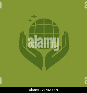 Flat paper cut style icon of two hands holding Earth. Vector illustration. Stock Vector