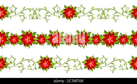 Christmas decorative set of poinsettia seamless borders isolated on white background vector Stock Vector