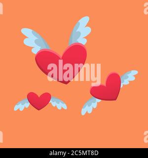 Flying heart with wings red line icon on orange background. Valentines day concept. Stock Vector