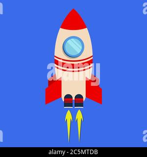 Rocket launch ship flat design on cyan background color. Stock Vector