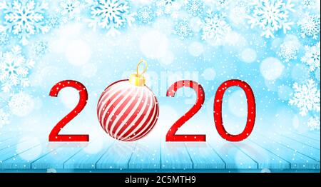 Merry Christmas and Happy New Year 2020 banner. Holiday vector illustration with paper snowflakes background, red number and christmas ball on wooden Stock Vector