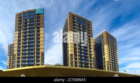 Almaty, Kazakhstan - November 9, 2017: The complex of buildings along Al-Farabi avenue in Almaty, Kazakhstan Stock Photo