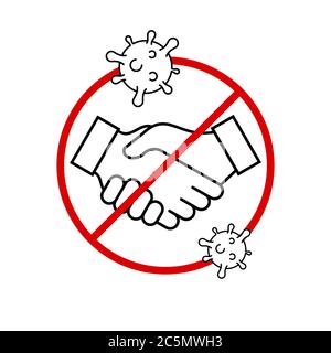 No handshake sign in a red circle. Stop handshakes symbol with a coronavirus line icon. Covid - 19 prevention. Avoid touching other people hands. Stock Vector