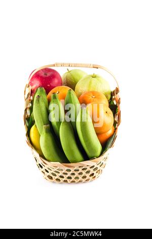 fruits basket assorted wicker on white background fruit health food isolated Stock Photo