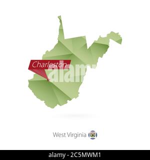 Green gradient low poly map of West Virginia with capital Charleston Stock Vector