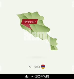 Green gradient low poly map of Armenia with capital Yerevan Stock Vector