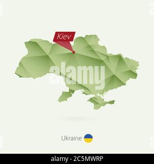 Green gradient low poly map of Ukraine with capital Kiev Stock Vector