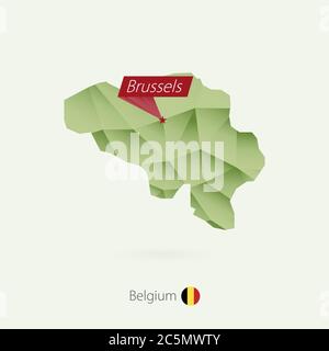 Green gradient low poly map of Belgium with capital Brussels Stock Vector