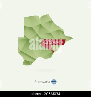 Green gradient low poly map of Botswana with capital Gaborone Stock Vector