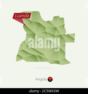 Green gradient low poly map of Angola with capital Luanda Stock Vector